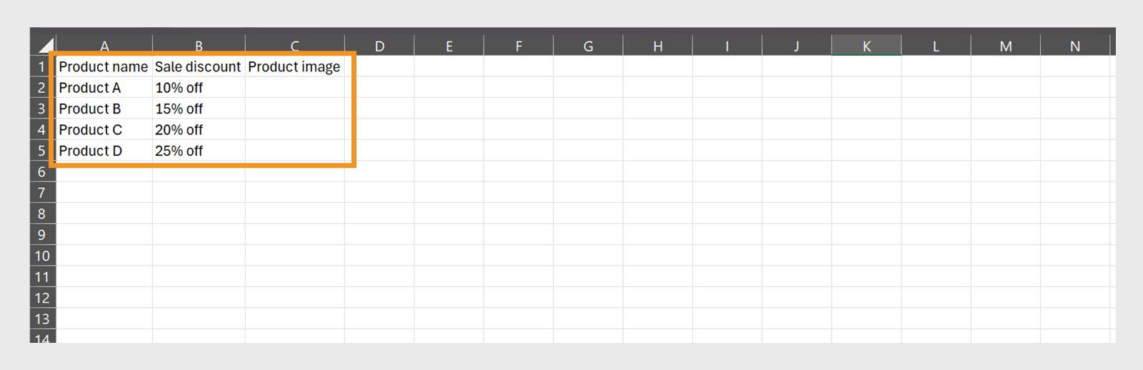 An excel sheet with headers names as Product name, Sale discount, and Product image with Product A,B,C, and D in each row and corresponding sale discount of 10, 15, 20, and 25%