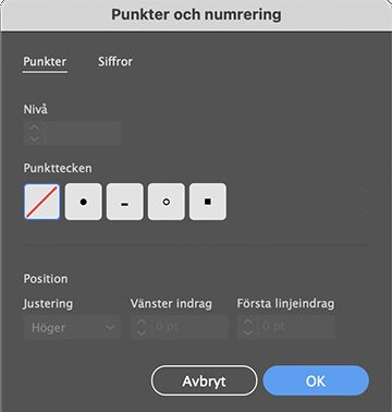 Förinställningar för punktlistor