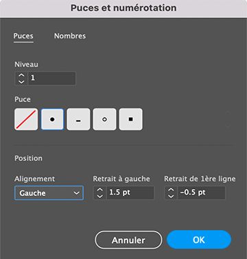 Préréglages de liste à puces
