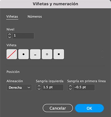 Ajustes preestablecidos de listas con viñetas