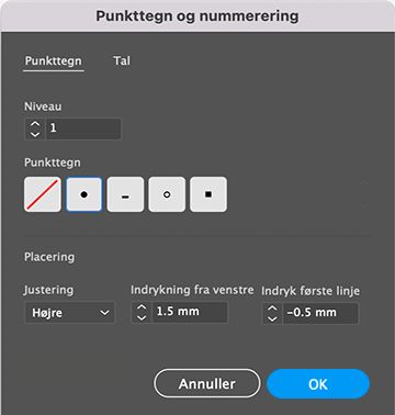 Forudindstillinger for punktopstillet liste