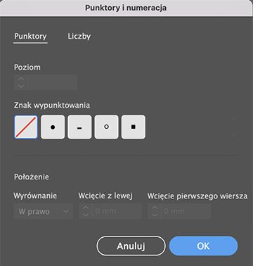 Ustawienia predefiniowane listy wypunktowanej