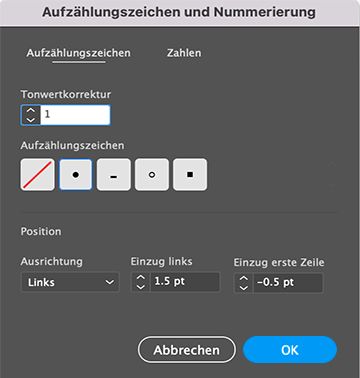 Voreinstellungen für Aufzählungslisten