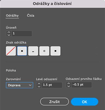 Přednastavení seznamu s odrážkami