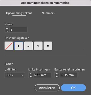 Voorinstellingen voor lijst met opsommingstekens