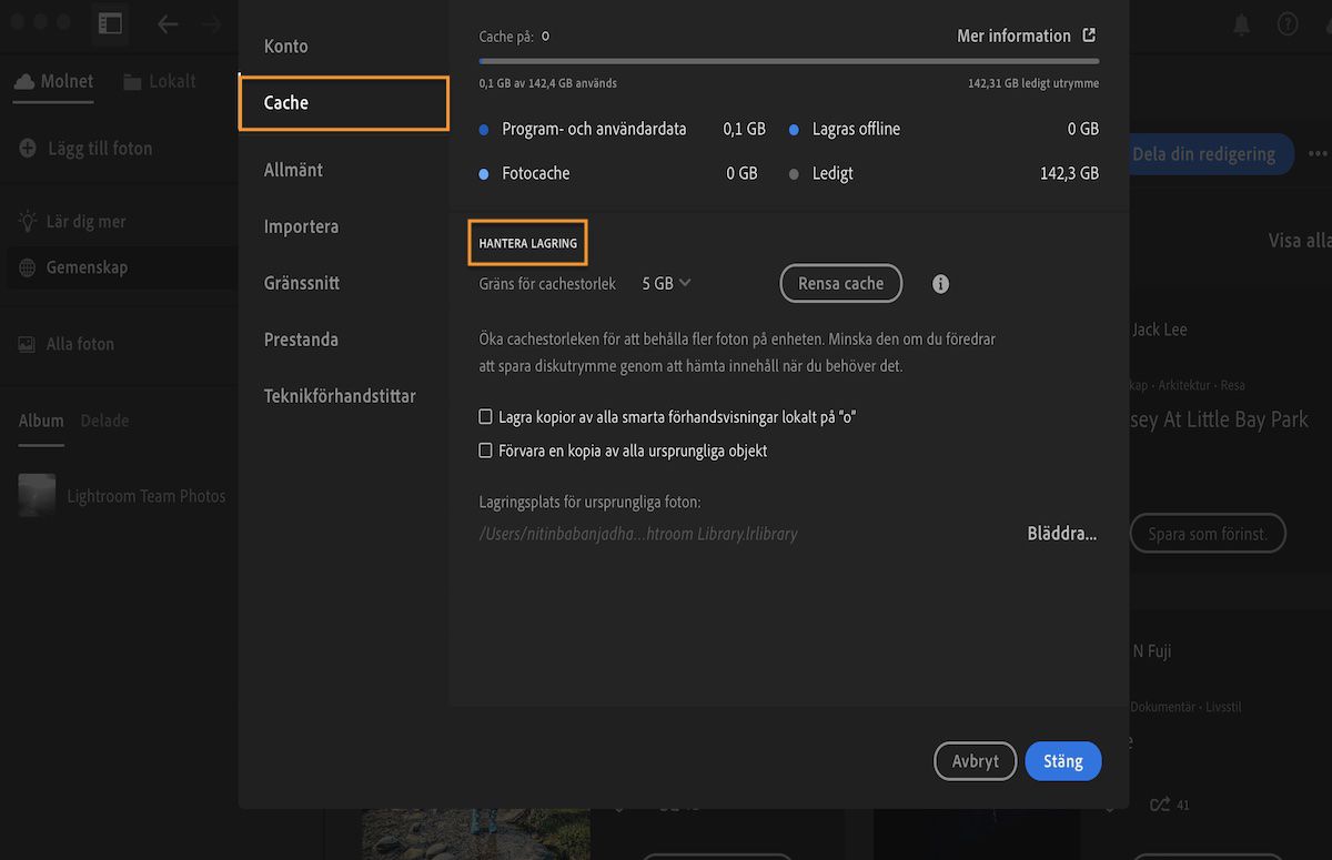 Inställningar för lokal lagring i Lightroom CC