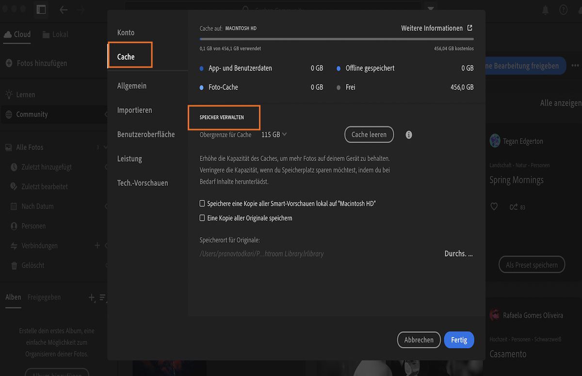 Lokale Speichereinstellungen in Lightroom CC