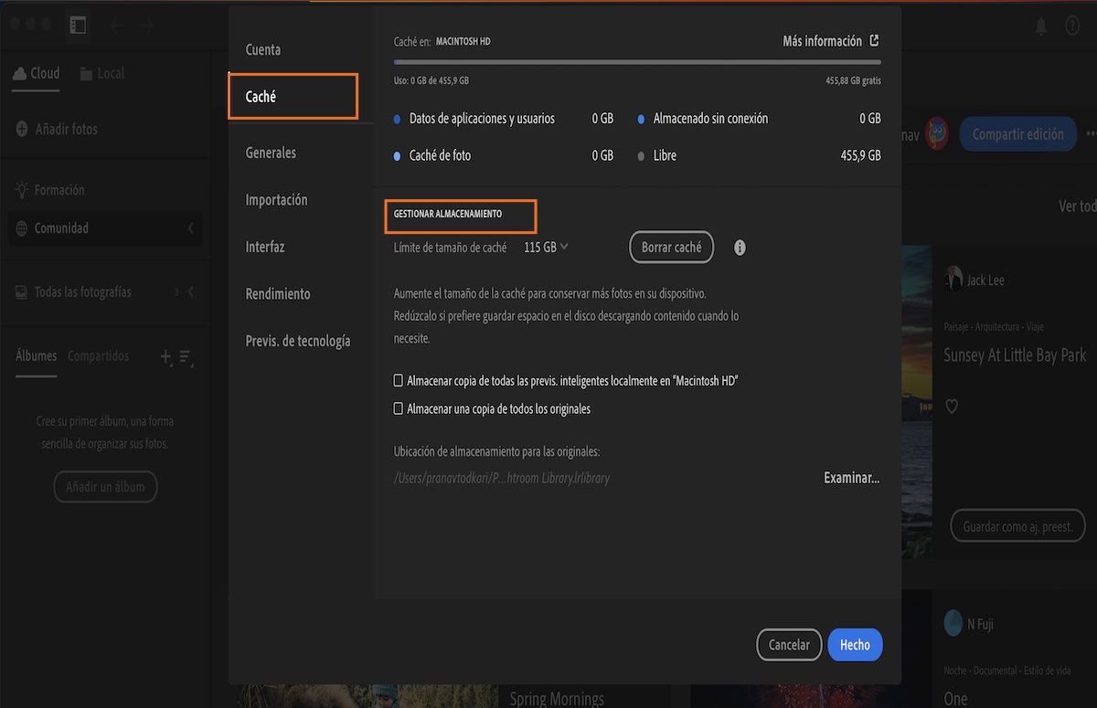 Preferencias de Almacenamiento local en Lightroom CC