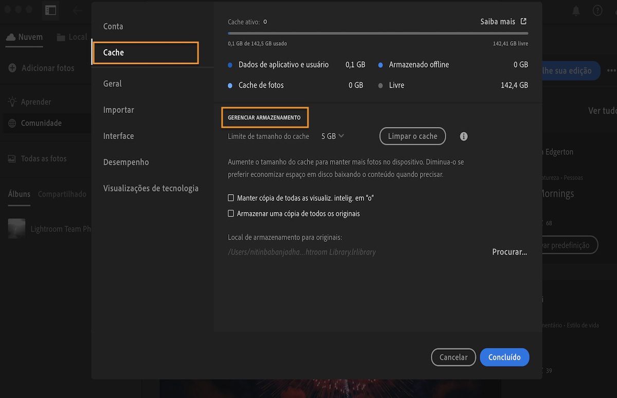 Preferências de armazenamento local no Lightroom CC