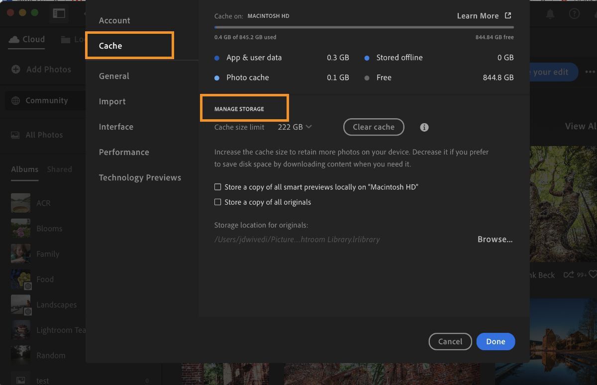 Local storage preferences in Lightroom CC