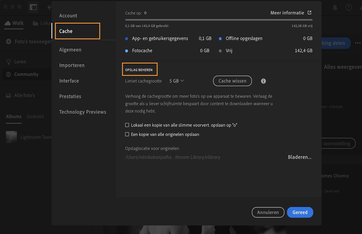Lokale opslagvoorkeuren in Lightroom CC