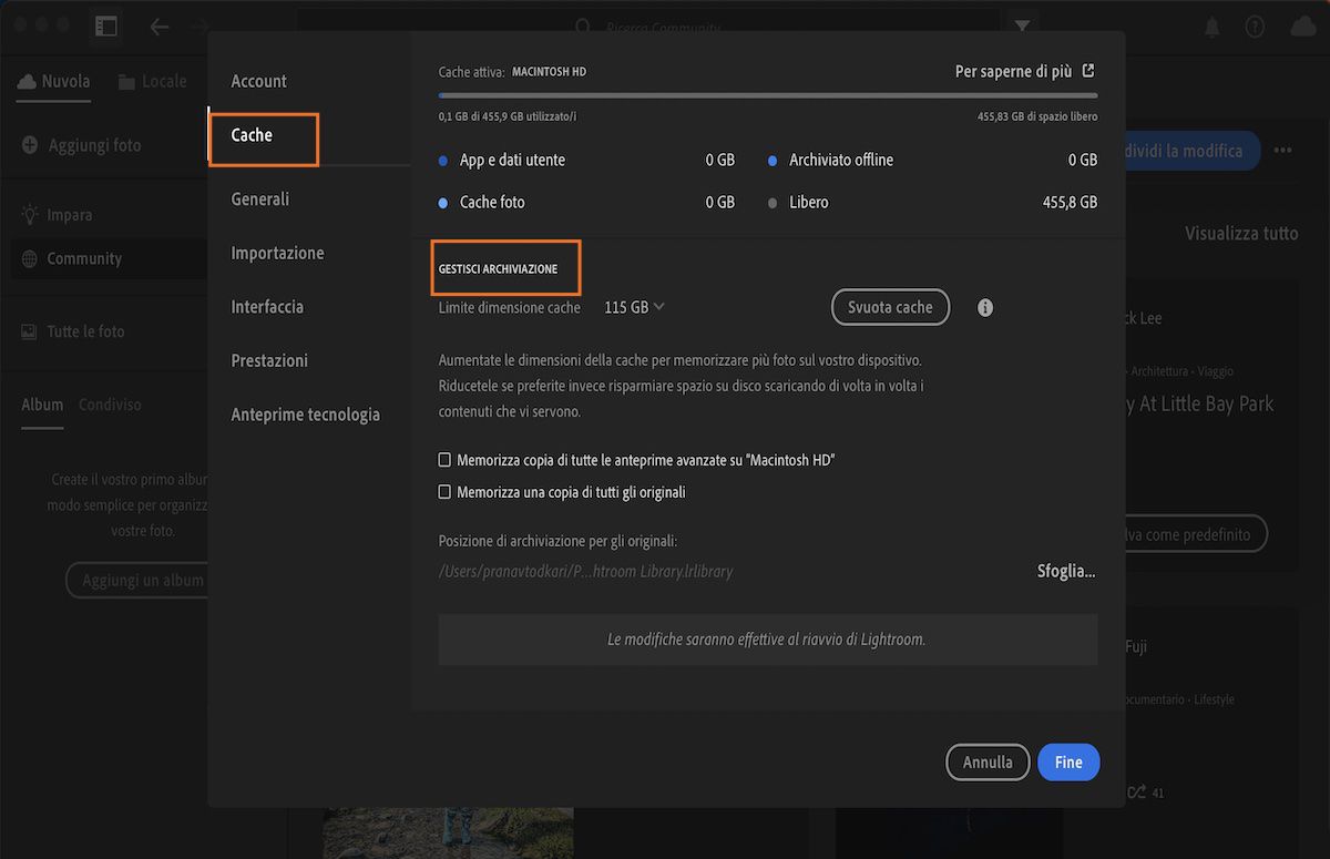Preferenze Archiviazione locale in Lightroom CC