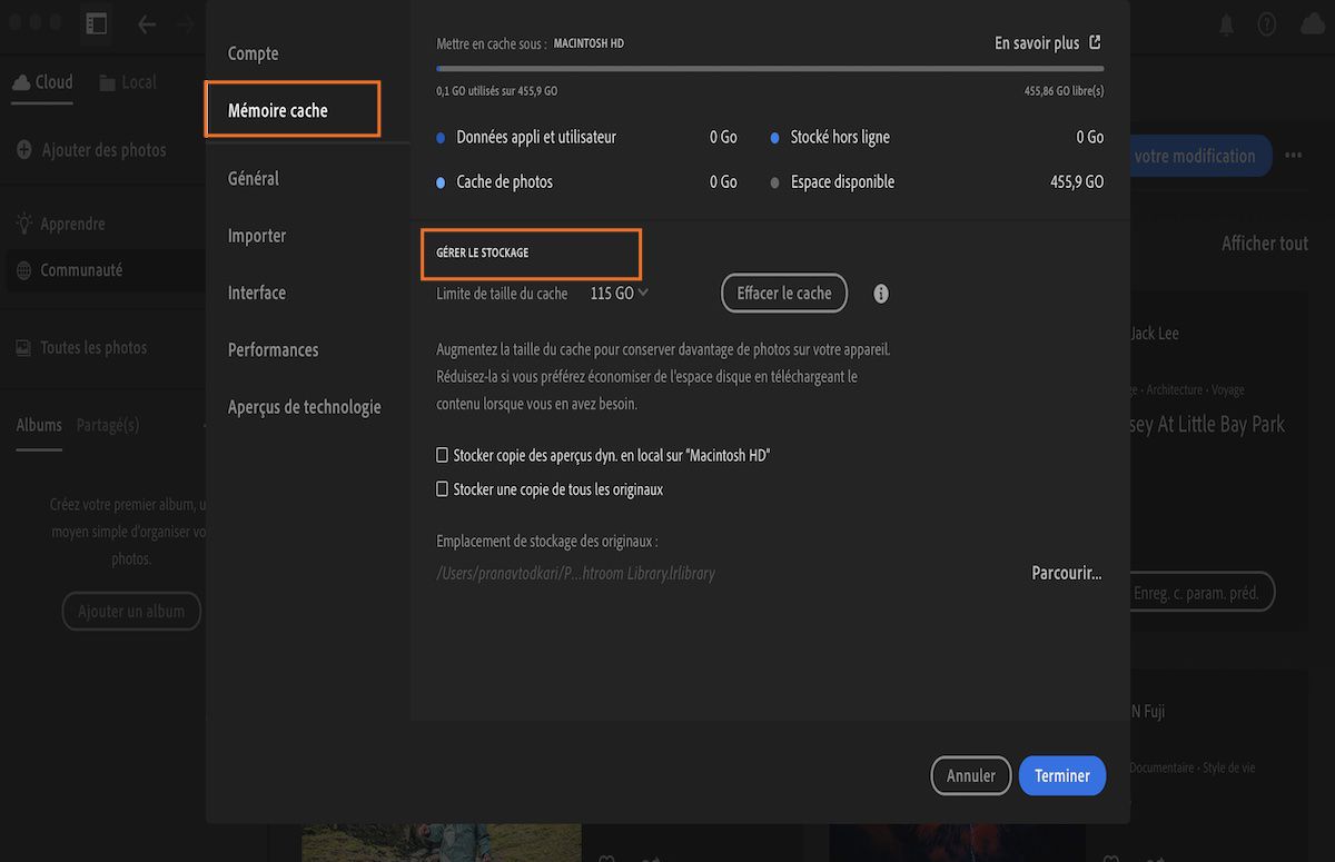 Préférences de stockage local de Lightroom CC