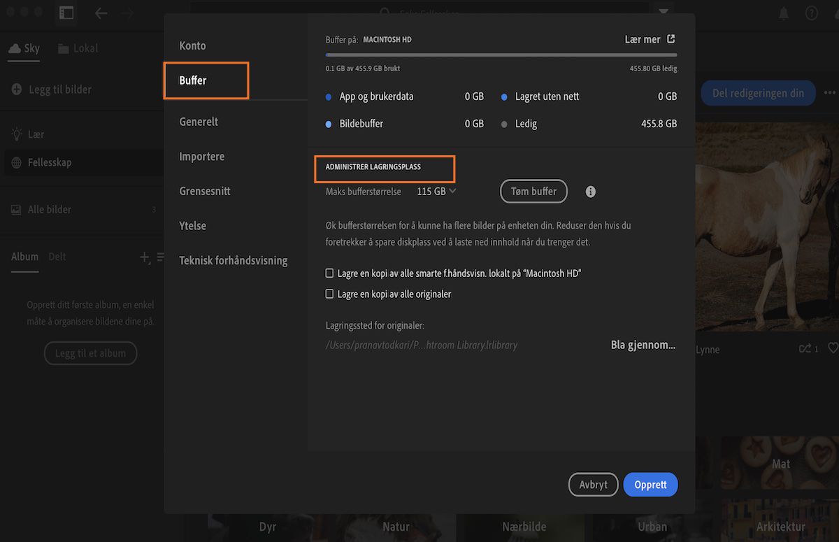 Lokale lagringspreferanser i Lightroom CC