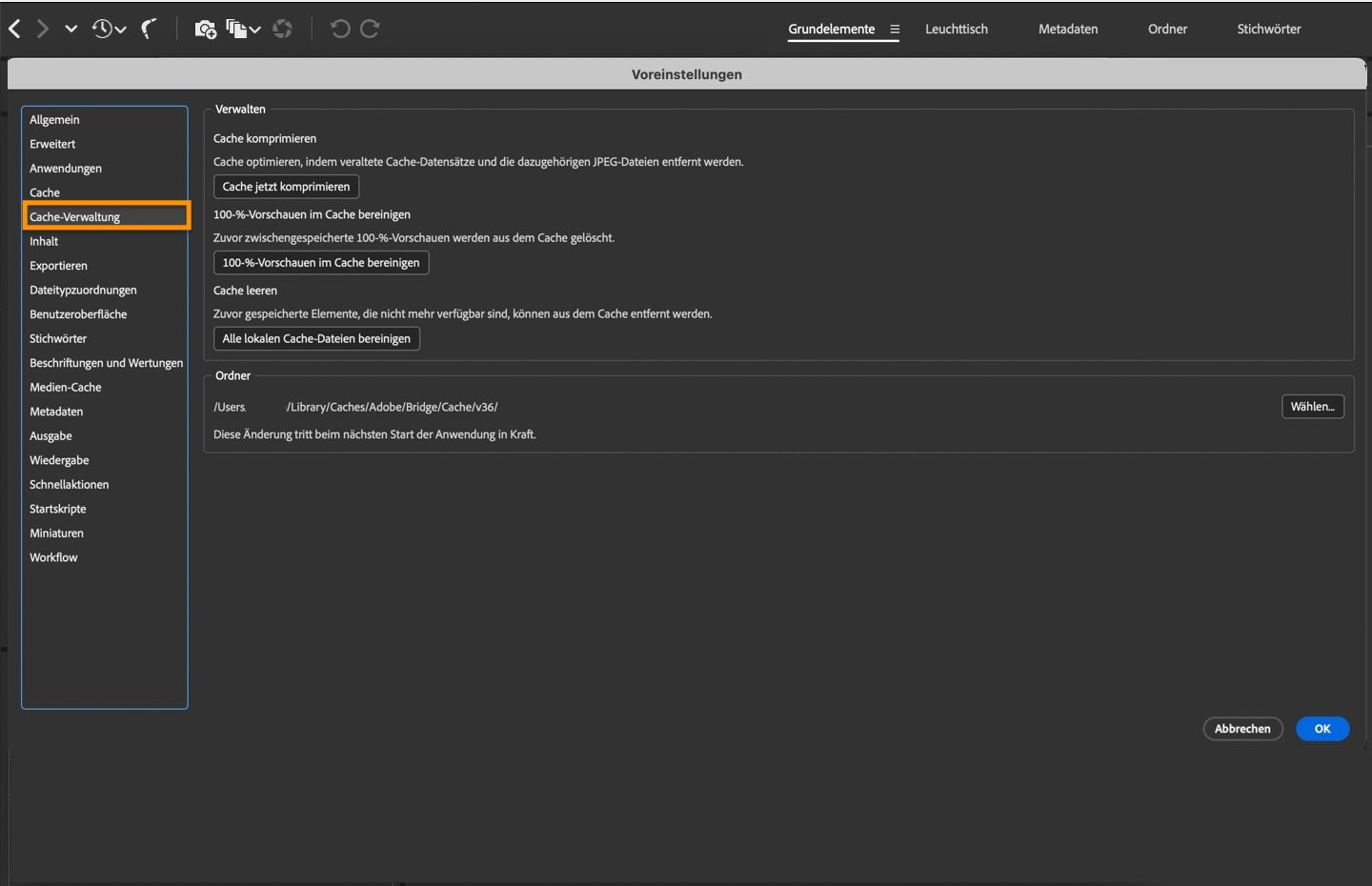 Es wird das Dialogfeld „Voreinstellungen für die Cache-Verwaltung“ angezeigt, in dem du den Cache komprimieren, den Cache leeren und vieles mehr kannst.