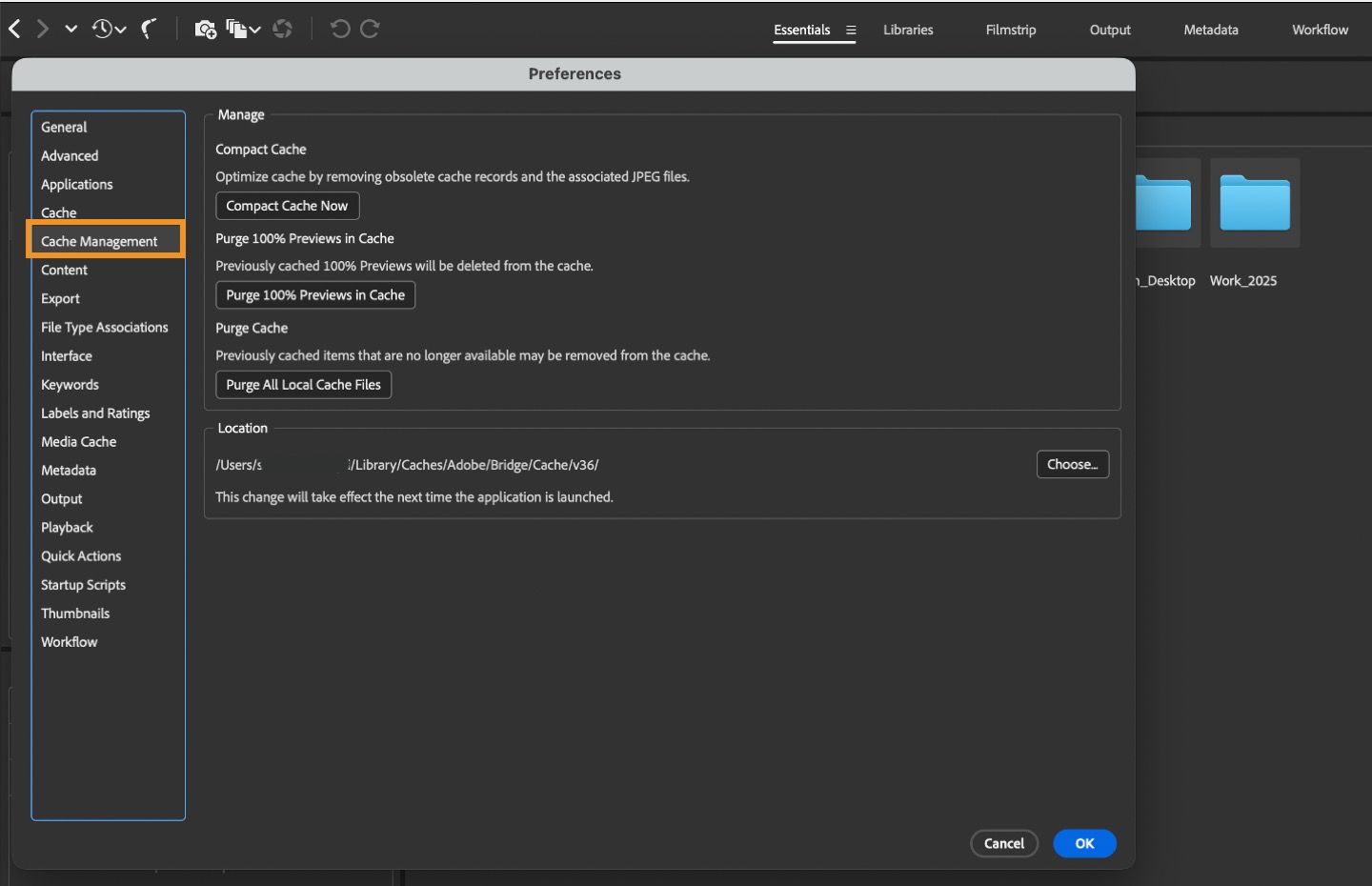 מוצגת תיבת הדו-שיח Cache Management Preferences, שבה ניתן לבחור בין Manage Compact Cache, ‏Purge Cache ועוד.