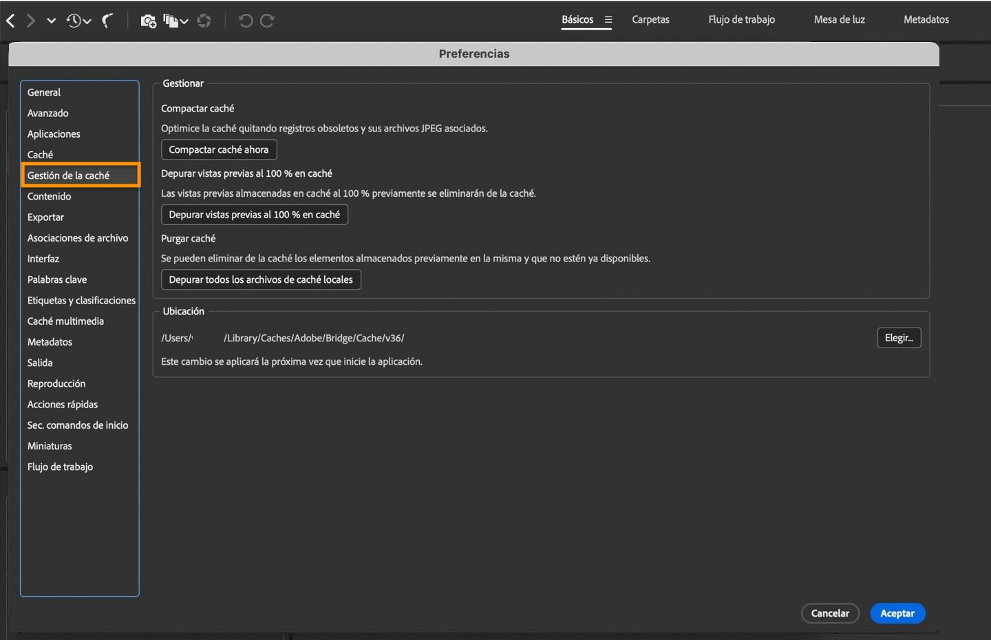 La boîte de dialogue Préférences de gestion du cache est affichée et peut être utilisée pour gérer le cache compact, purger le cache et plus encore.