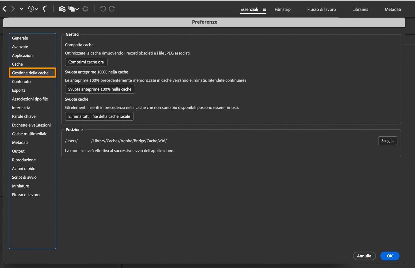 Viene mostrata la finestra di dialogo Preferenze gestione cache, che può essere utilizzata per gestire la compattazione della cache, eliminare la cache e altro ancora.