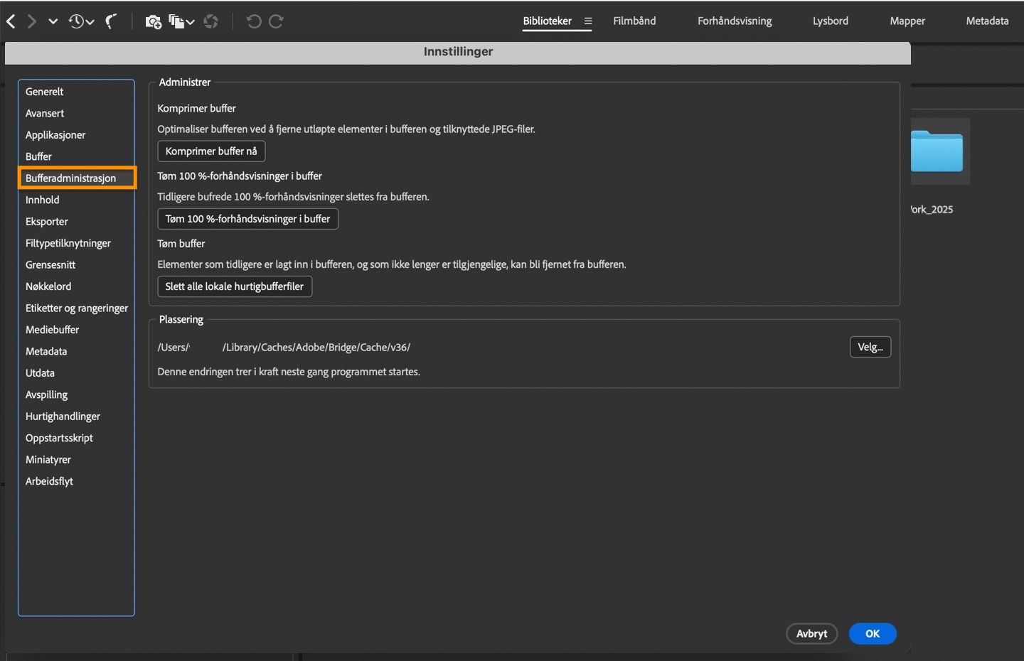 Dialogboksen Innstillinger for hurtigbufferbehandling vises, som kan brukes til å administrere kompakt hurtigbuffer, tømme hurtigbuffer og mer.