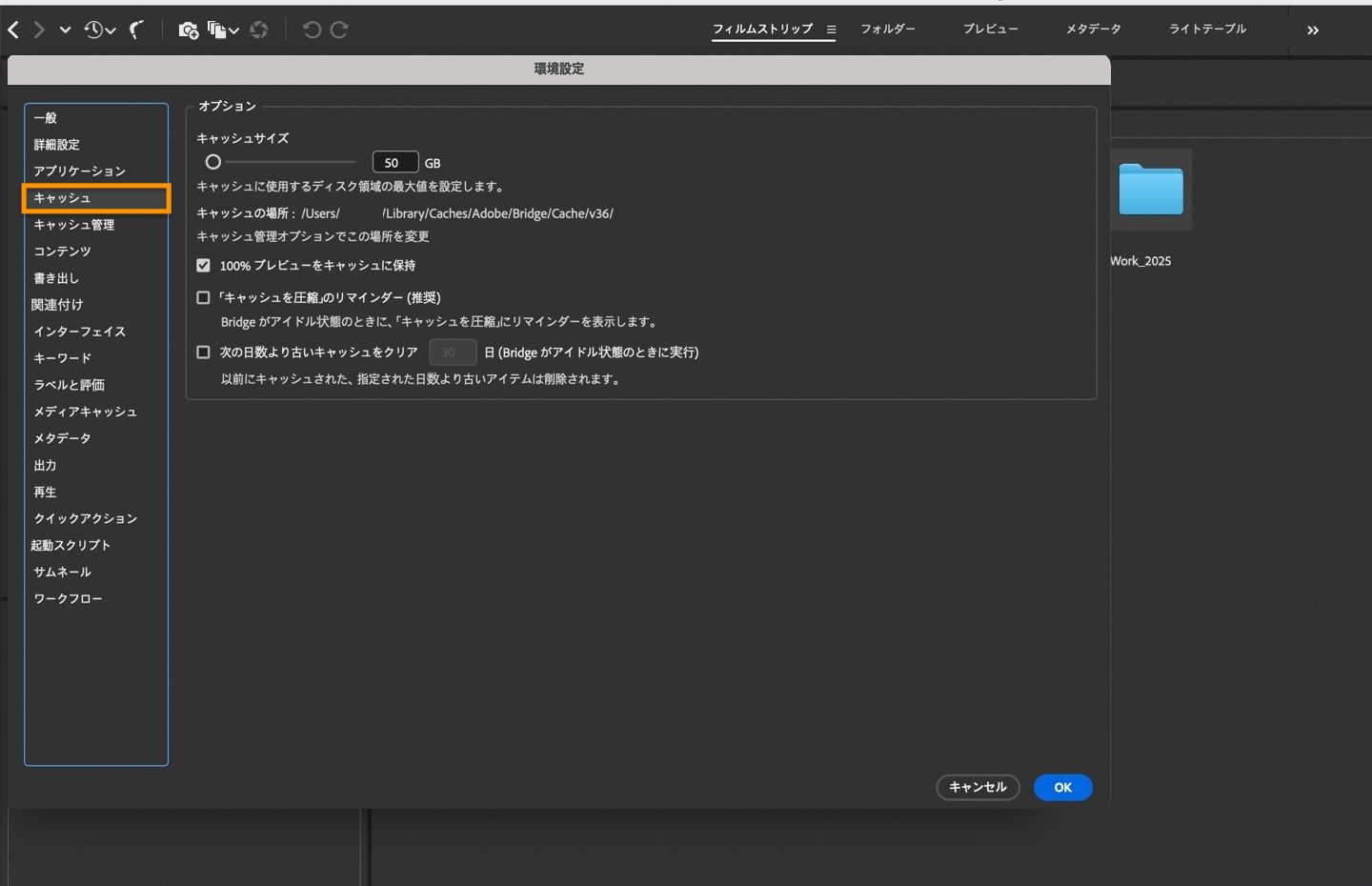 キャッシュサイズの設定、キャッシュの削除などのオプションを含むキャッシュ環境設定ダイアログボックスが画面に表示されます。