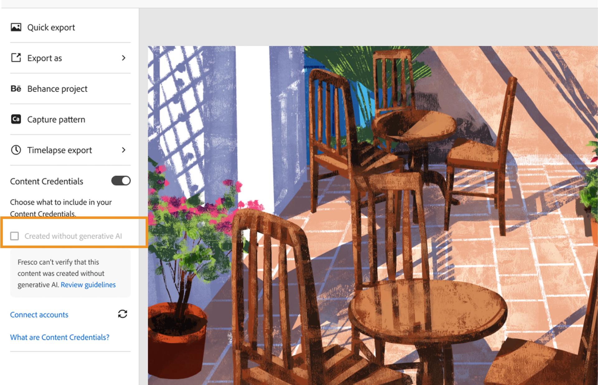 Created without generative AI” is greyed out and unchecked if the document is generative AI free