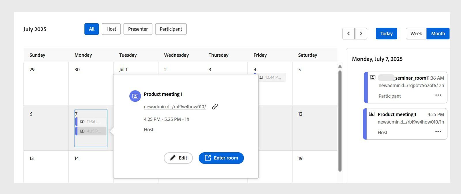 Calendar widget displaying a monthly view with scheduled meetings, color-coded by role (host, presenter, participant), and quick action buttons for entering rooms and editing details.