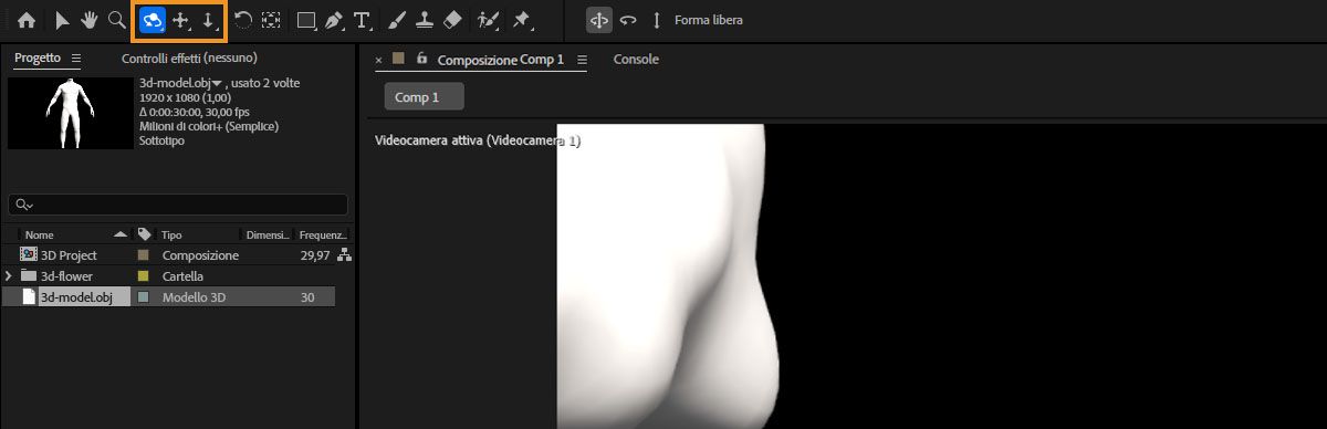 I controlli videocamera per i modelli 3D sono evidenziati nella barra degli strumenti.