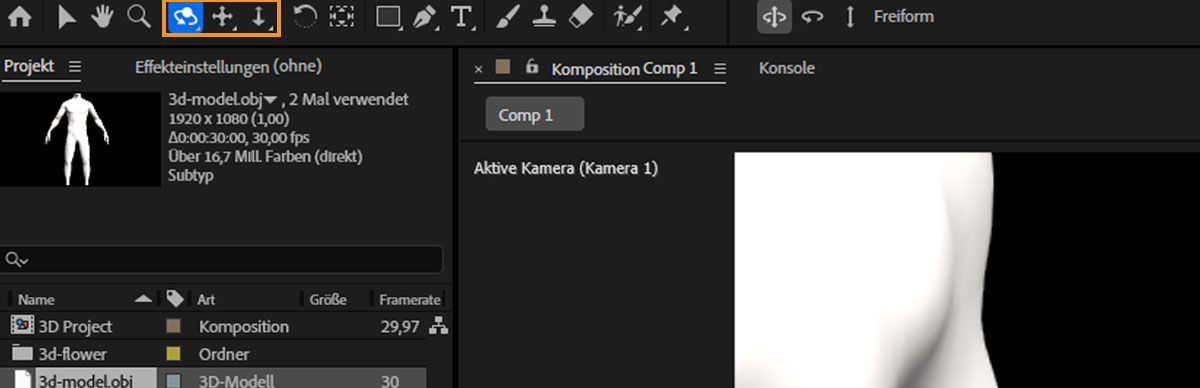 Die Kamerasteuerung für 3D-Modelle ist in der Symbolleiste hervorgehoben.