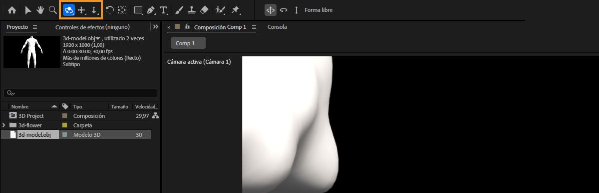 Los controles de la cámara para modelos 3D aparecen resaltados en la barra de herramientas.
