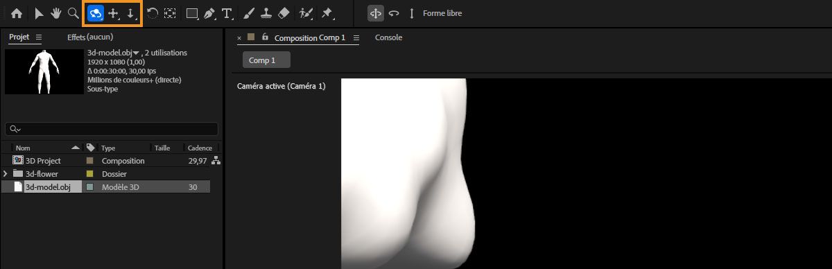 Les commandes de la caméra pour les modèles 3D sont mises en évidence dans la barre d’outils.
