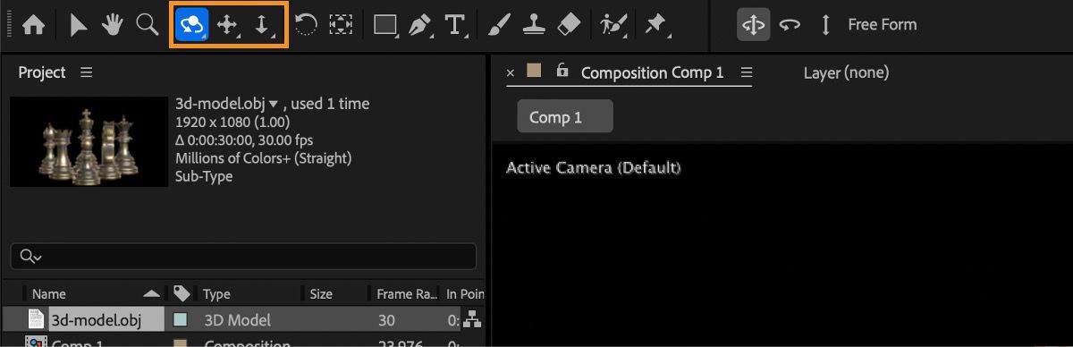 The camera controls for 3D models are highlighted in the toolbar.
