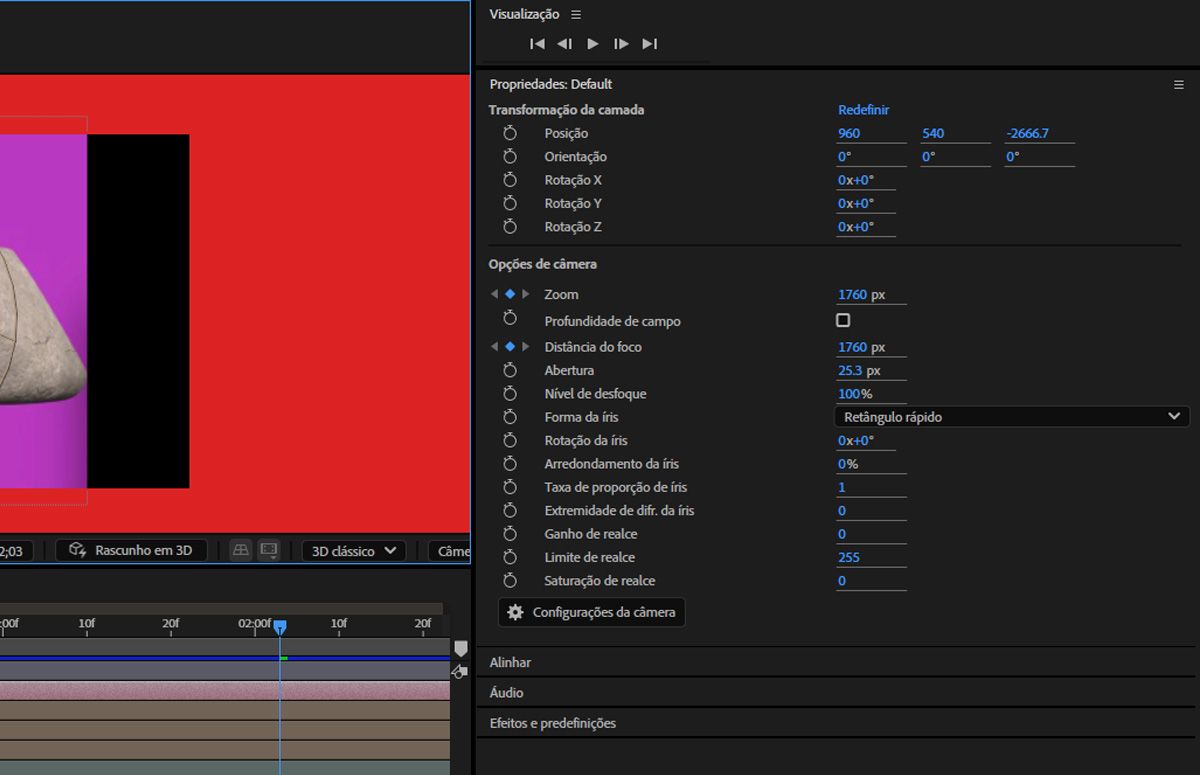 O painel Propriedades mostra as opções Transformação de camada e Câmera da camada de câmera selecionada. Existem várias opções para especificar as transformações da camada e as configurações da câmera.