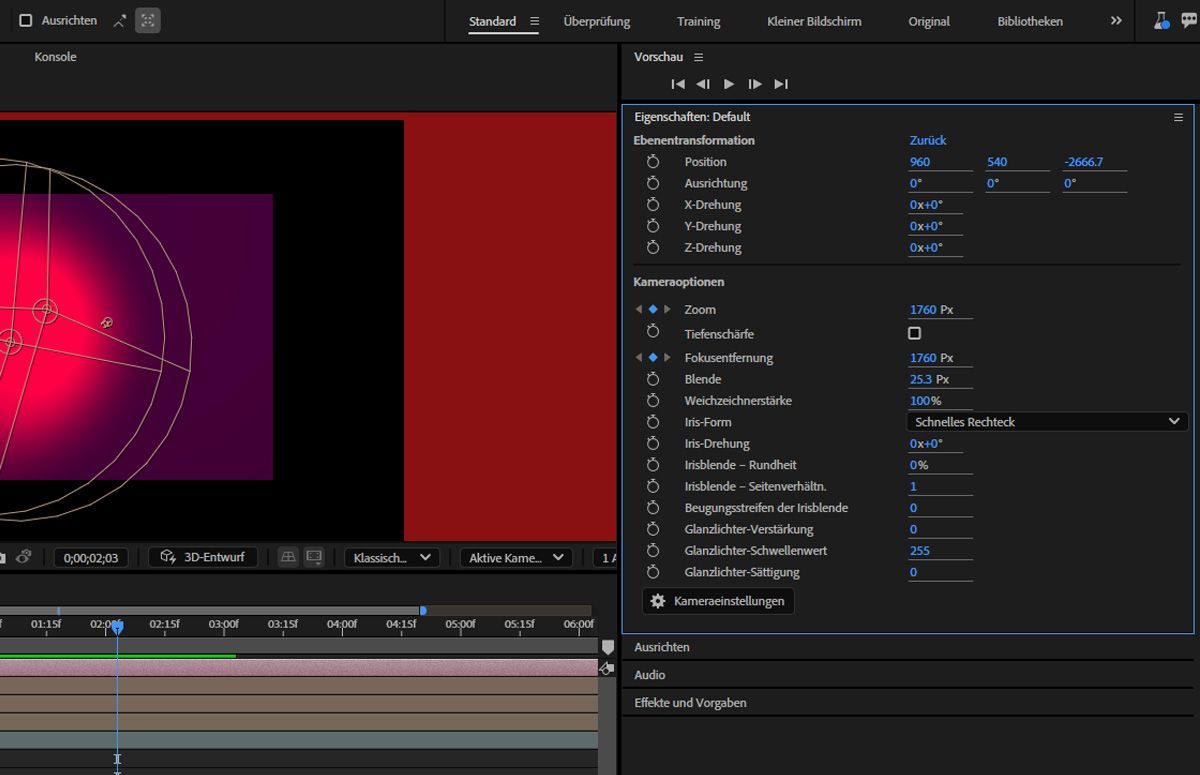 Das Bedienfeld „Eigenschaften“ zeigt die Ebenentransformation und die Kameraoptionen der ausgewählten Kameraebene an. Es gibt mehrere Optionen zum Einrichten der Ebenentransformationen und Kameraeinstellungen.