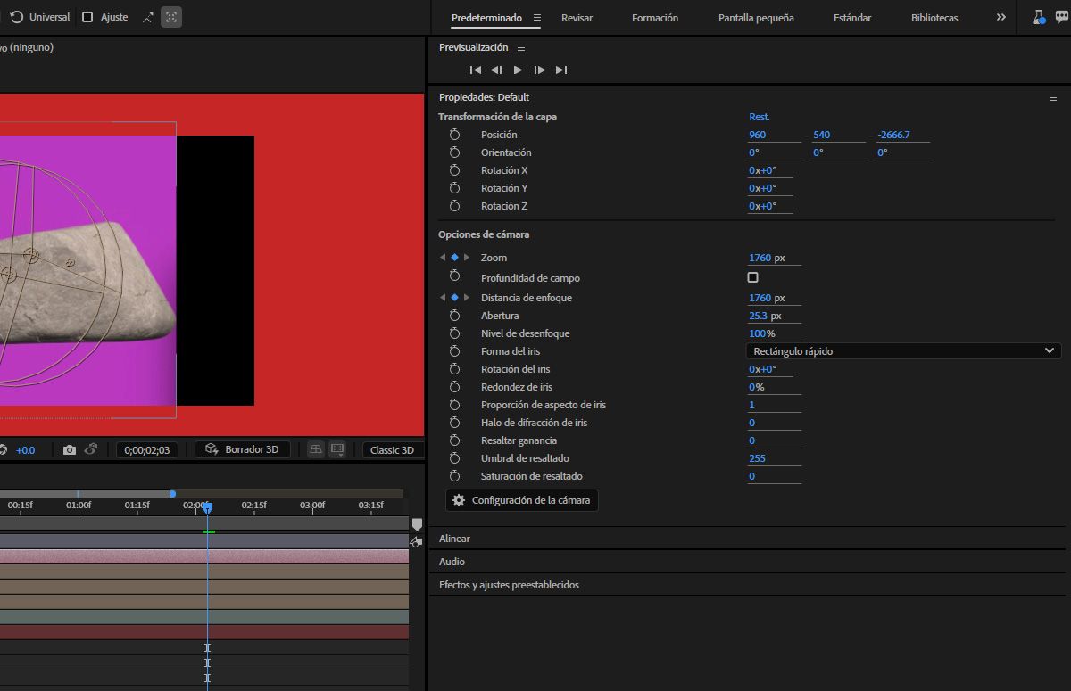 El panel de Propiedades muestra la Transformación de la capa y las Opciones de Cámara de la capa de Cámara seleccionada. Hay múltiples opciones para especificar las transformaciones de la capa y la configuración de la cámara.