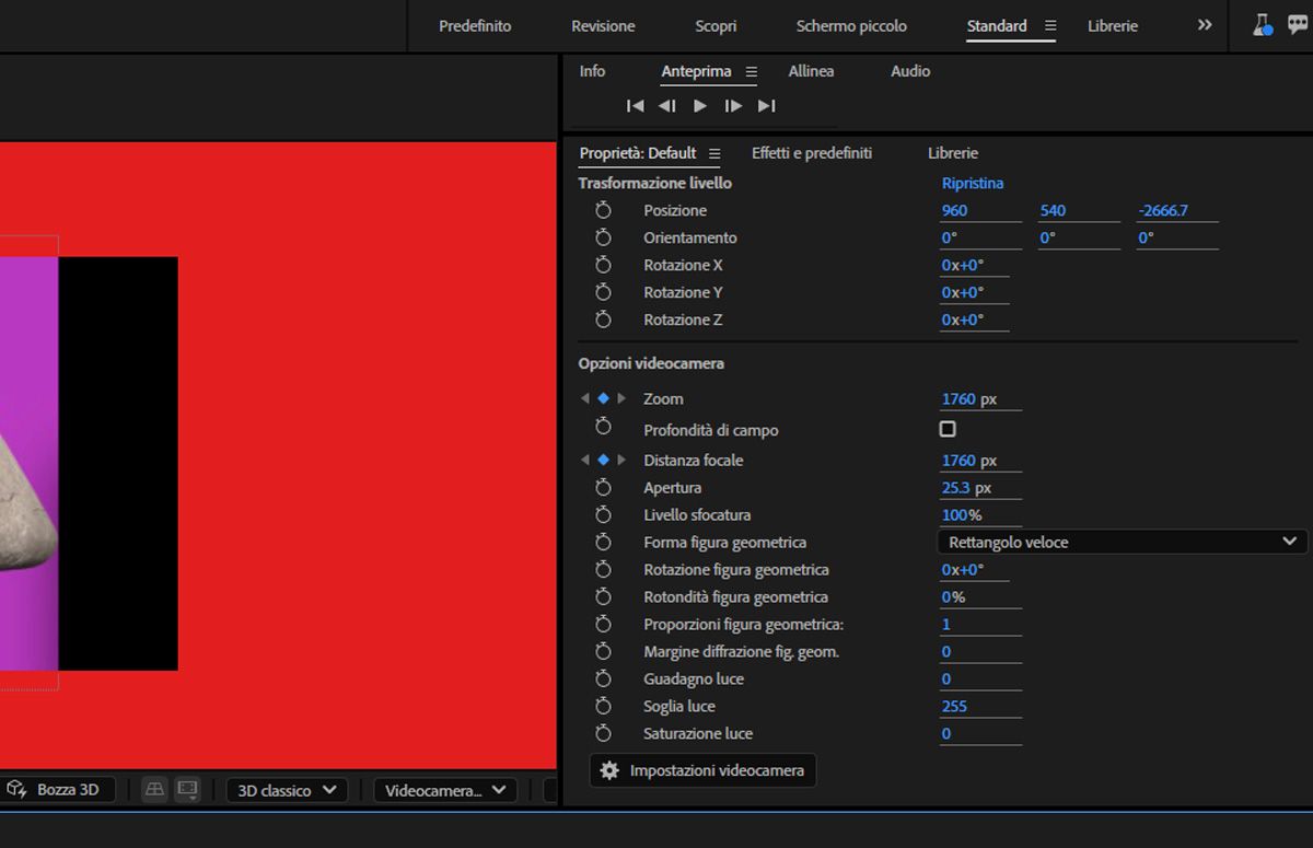 Il pannello Proprietà mostra la trasformazione del livello e le opzioni della videocamera del livello videocamera selezionato. Sono disponibili più opzioni per specificare le trasformazioni del livello e le impostazioni della videocamera.