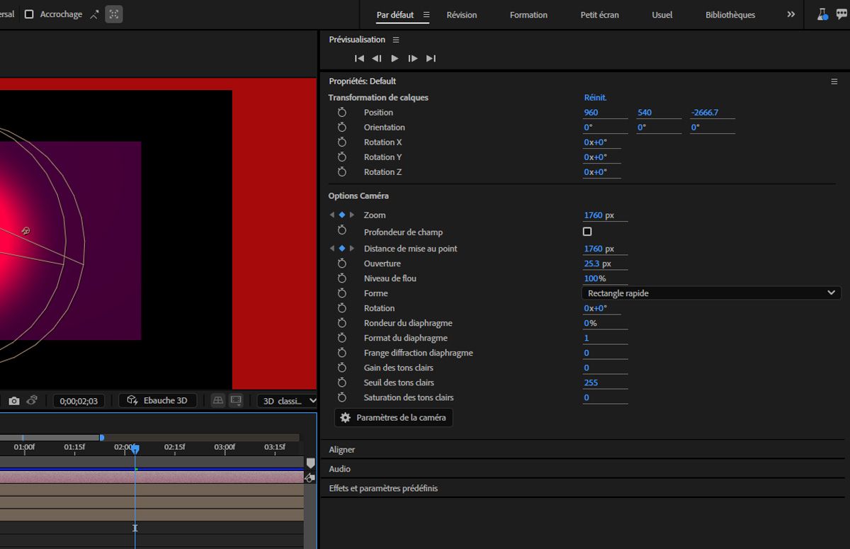 Le panneau Propriétés affiche les options de transformation de calque et de caméra du calque de caméra sélectionné. Il existe plusieurs options pour spécifier les transformations de calque et les paramètres de caméra.