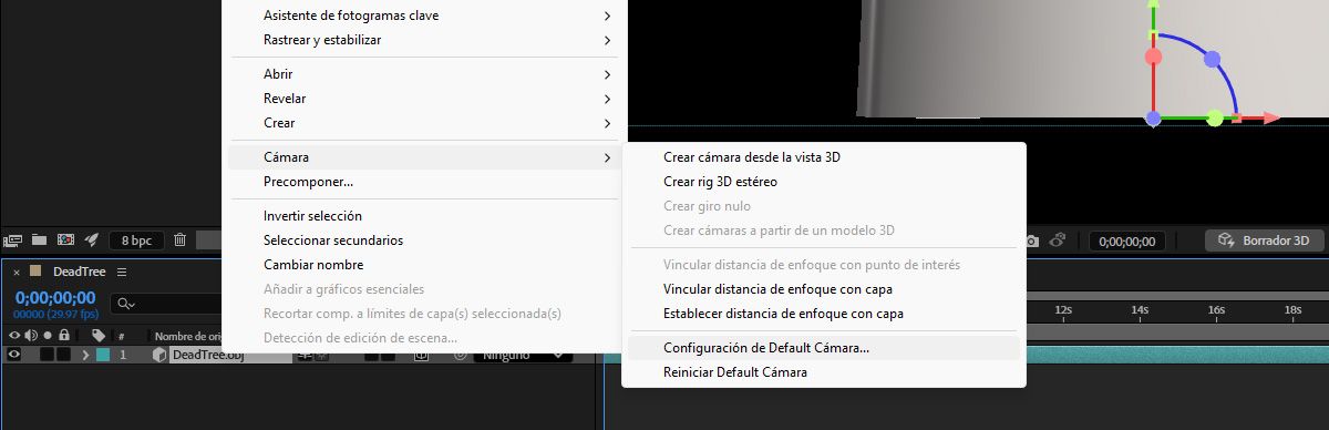 Se selecciona una capa con modelo 3D en el panel Línea de tiempo. El menú de capa tiene seleccionada la opción Cámara y, a continuación, la Configuración de cámara predeterminada.  