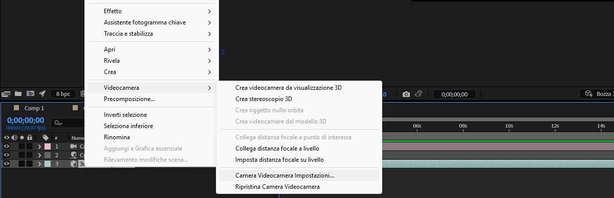 Un livello con modello 3D è selezionato nel pannello Timeline.Il menu del livello con l’opzione Videocamera selezionata e le Impostazioni videocamera predefinita. 