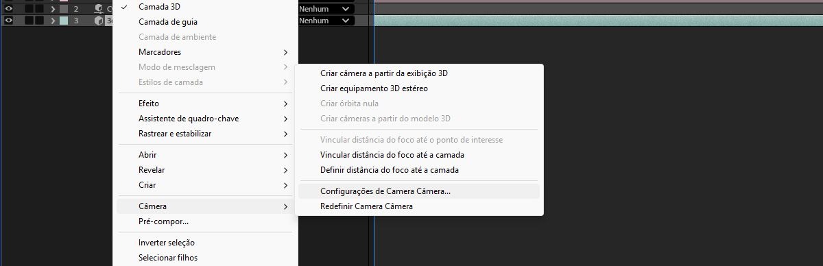 Uma camada com modelo 3D é selecionada no painel Linha do tempo.O menu de camadas tem a opção Câmera selecionada e depois as Configurações padrão da câmera. 