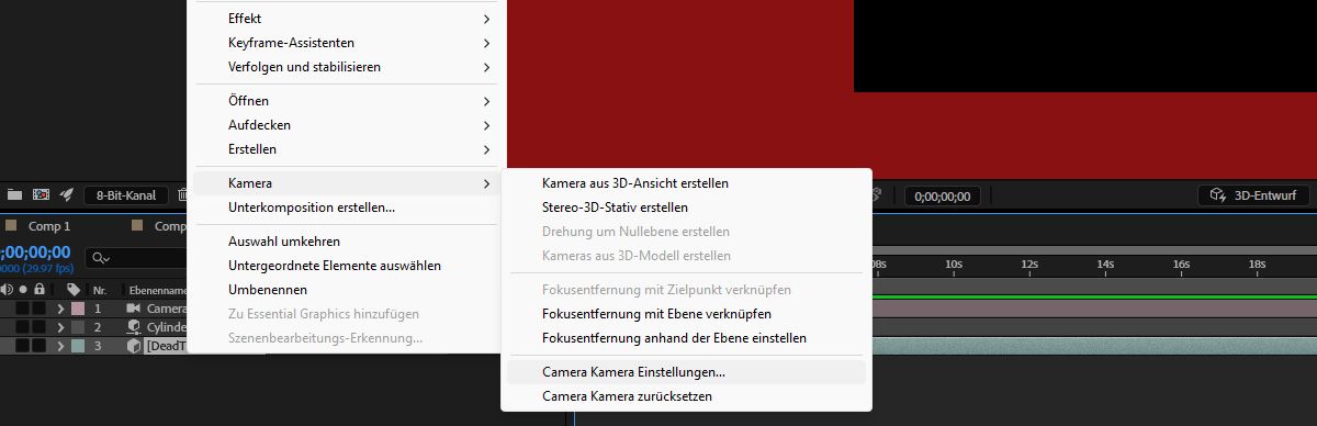 Im Bedienfeld „Zeitleiste“ ist eine Ebene mit 3D-Modell ausgewählt.Im Ebenenmenü ist die Option „Kamera“ und dann „Einstellungen der Standardkamera“ ausgewählt.  