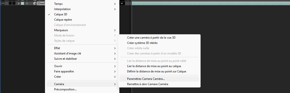Un calque contenant un modèle 3D est sélectionné dans le panneau Chronologie.Le menu des calques contient l’option Caméra sélectionnée, puis les paramètres de la caméra par défaut. 