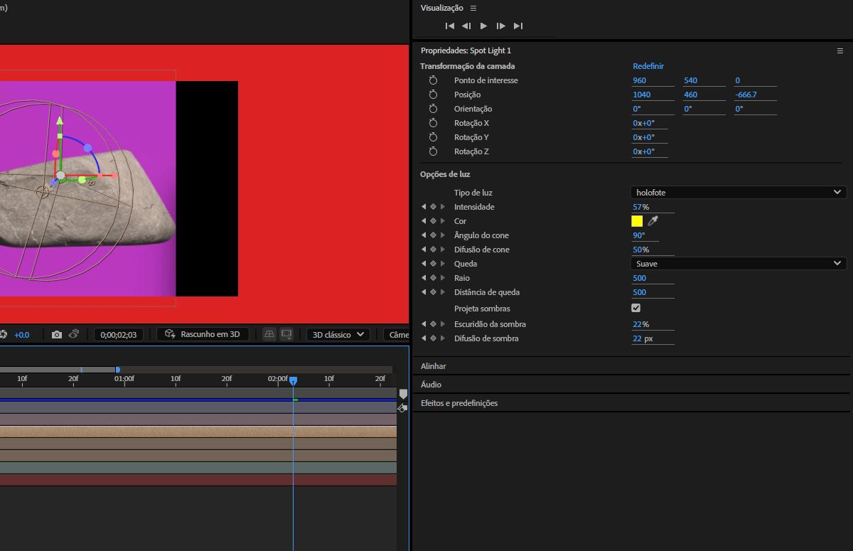 O painel Propriedades mostra as opções de Transformação de camada e luz da camada de luz selecionada. Existem várias opções para especificar as configurações de transformação de camada e luz.