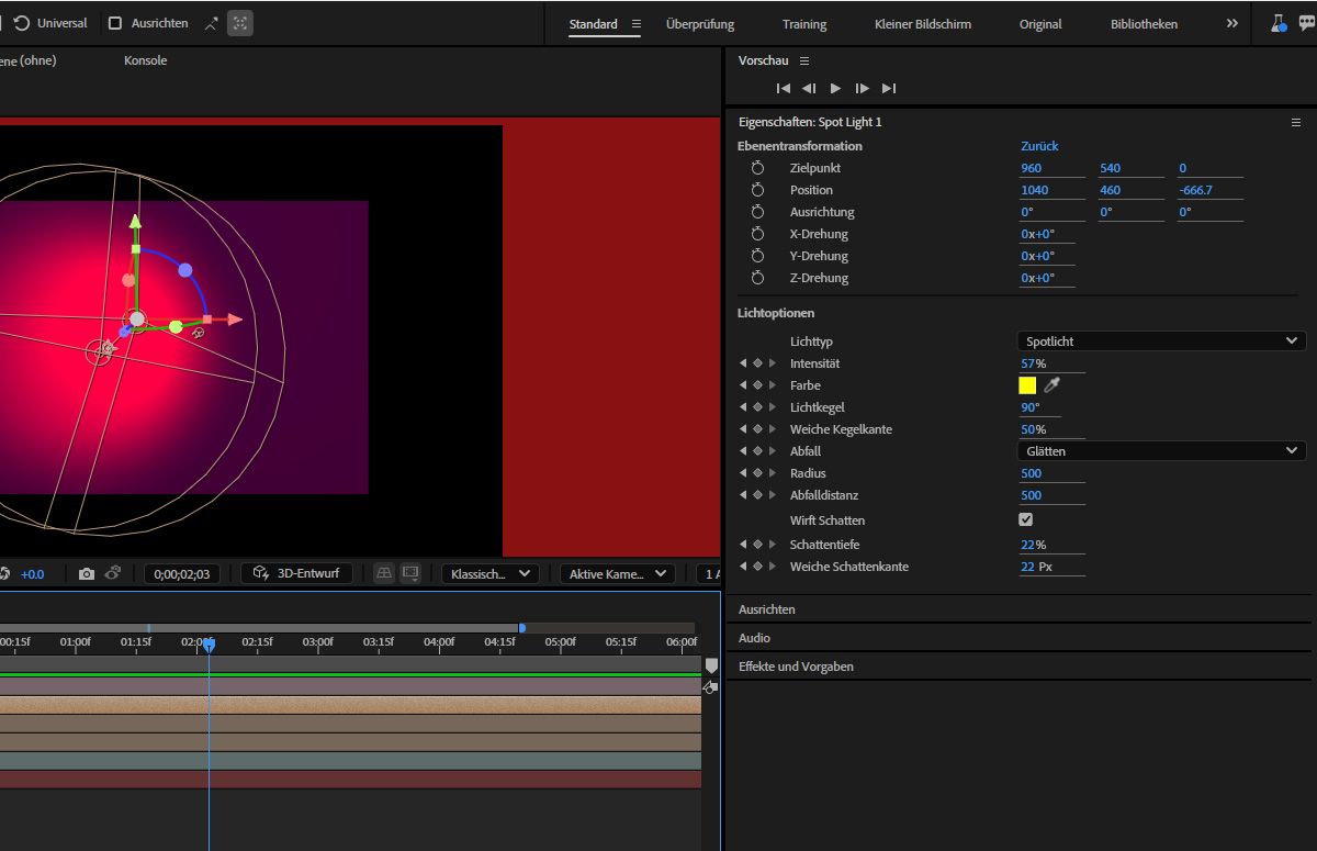 Das Bedienfeld „Eigenschaften“ zeigt die Ebenentransformation und die Lichtoptionen der ausgewählten Lichtebene an. Es gibt mehrere Optionen zum Einrichten der Ebenentransformationen und Lichteinstellungen.