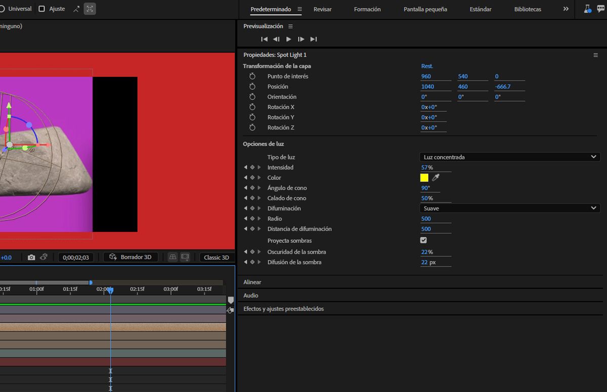 El panel Propiedades muestra la Transformación de la capa y las Opciones de luz de la capa Luz seleccionada. Hay múltiples opciones para especificar la configuración de las transformaciones de capa y de luz.