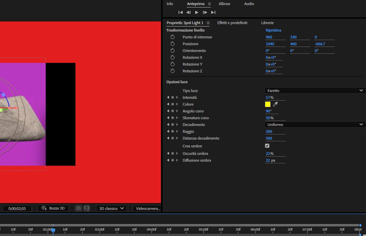 Il pannello Proprietà mostra Trasformazione livello e Opzioni luce del livello luce selezionato. Sono disponibili più opzioni per specificare le trasformazioni del livello e le impostazioni della luce.