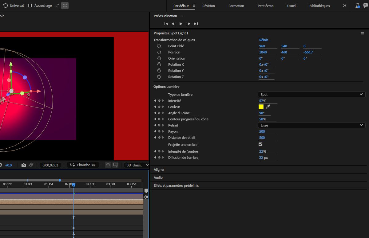 Le panneau Propriétés affiche la transformation du calque et les options d’éclairage du calque de lumière sélectionné. De nombreuses options permettent de spécifier les transformations de calque et les paramètres de lumière.