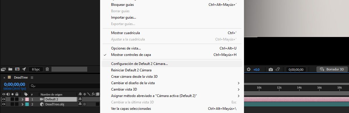 Se selecciona una capa con una Cámara en el panel Línea de tiempo. El menú Ver está abierto y tiene seleccionada la Configuración de la cámara n.º 17.