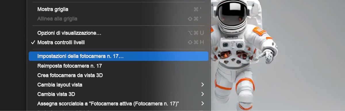 Un livello con unavideocamera è selezionato nel pannello Timeline.Il menu Vista è aperto con Videocamera n.17 impostazioni selezionate.