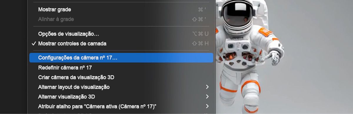 Uma camada com uma Câmera é selecionada no painel Linha do tempo.O menu Visualização está aberto e tem a Câmera nº.17 Configurações selecionadas.