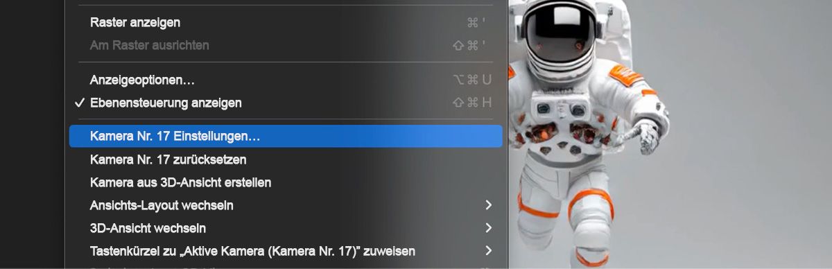 Im Bedienfeld „Zeitleiste“ ist eine Ebene mit einer Kamera ausgewählt. Das Menü „Ansicht“ ist geöffnet und zeigt die Kameranummer an. 17 Einstellungen sind ausgewählt.